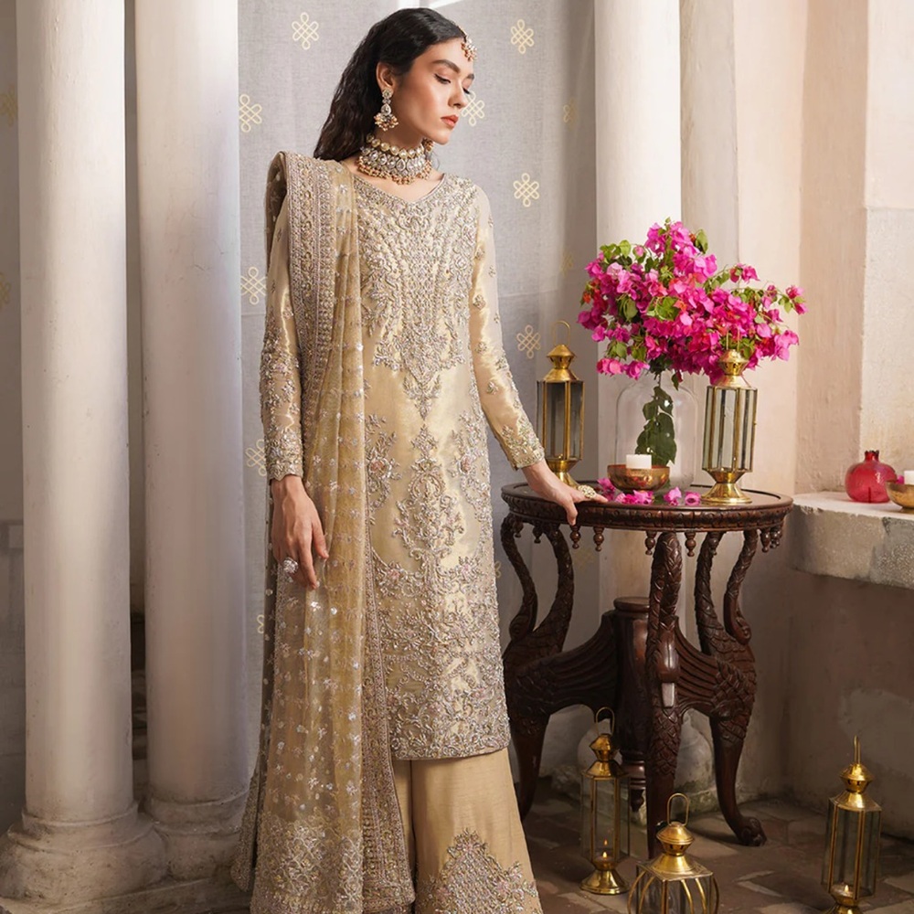 Luxurious dull gold Embroidered Wedding Dress, Brand New